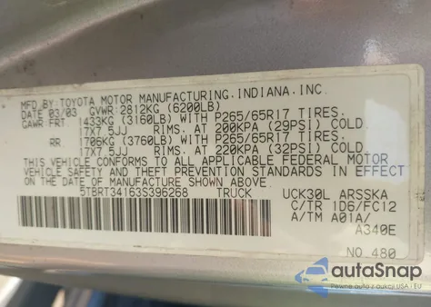 2003 Toyota Tundra Sr5 V8 из США, поврежденный, VIN 5TBRT34163S396268